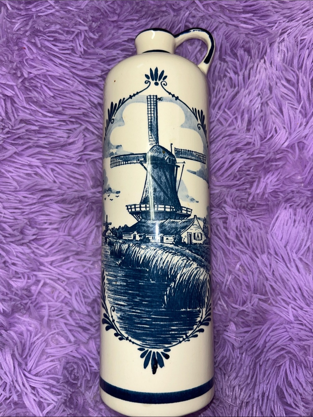 1970s Vintage Blue & White Delft-Style Windmill Ceramic Bottle Full